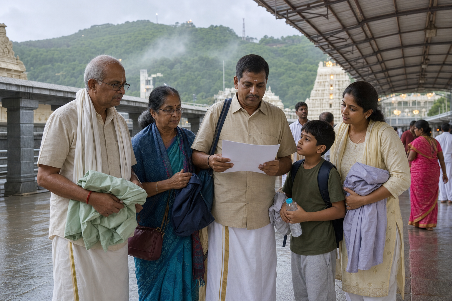 A multigenerational pilgrim family waits with light bags and rain gear on a covered walkway in the Tirumala hills.
