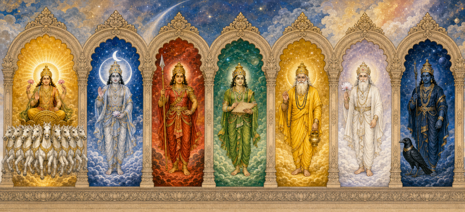 Seven arched niches show Surya, Chandra, Mangala, Budha, Brihaspati, Shukra, and Shani with their traditional visual attributes.