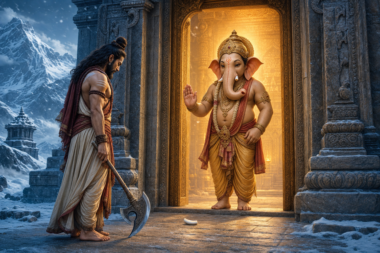 One-tusked Ganesha holds a calm guarding gesture at Kailasa while Parashurama lowers his axe and looks toward the broken tusk between them.