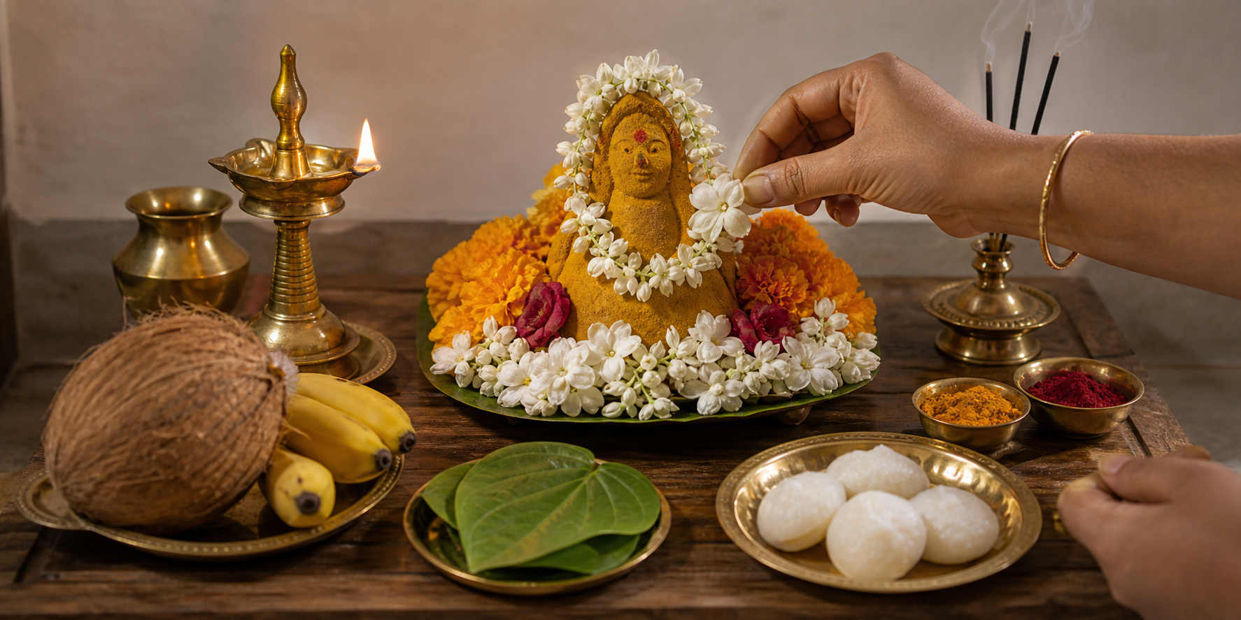 Hands place a flower before a simple turmeric Gauri shrine with a brass lamp, fruit, leaves, and rice-flour dumplings.