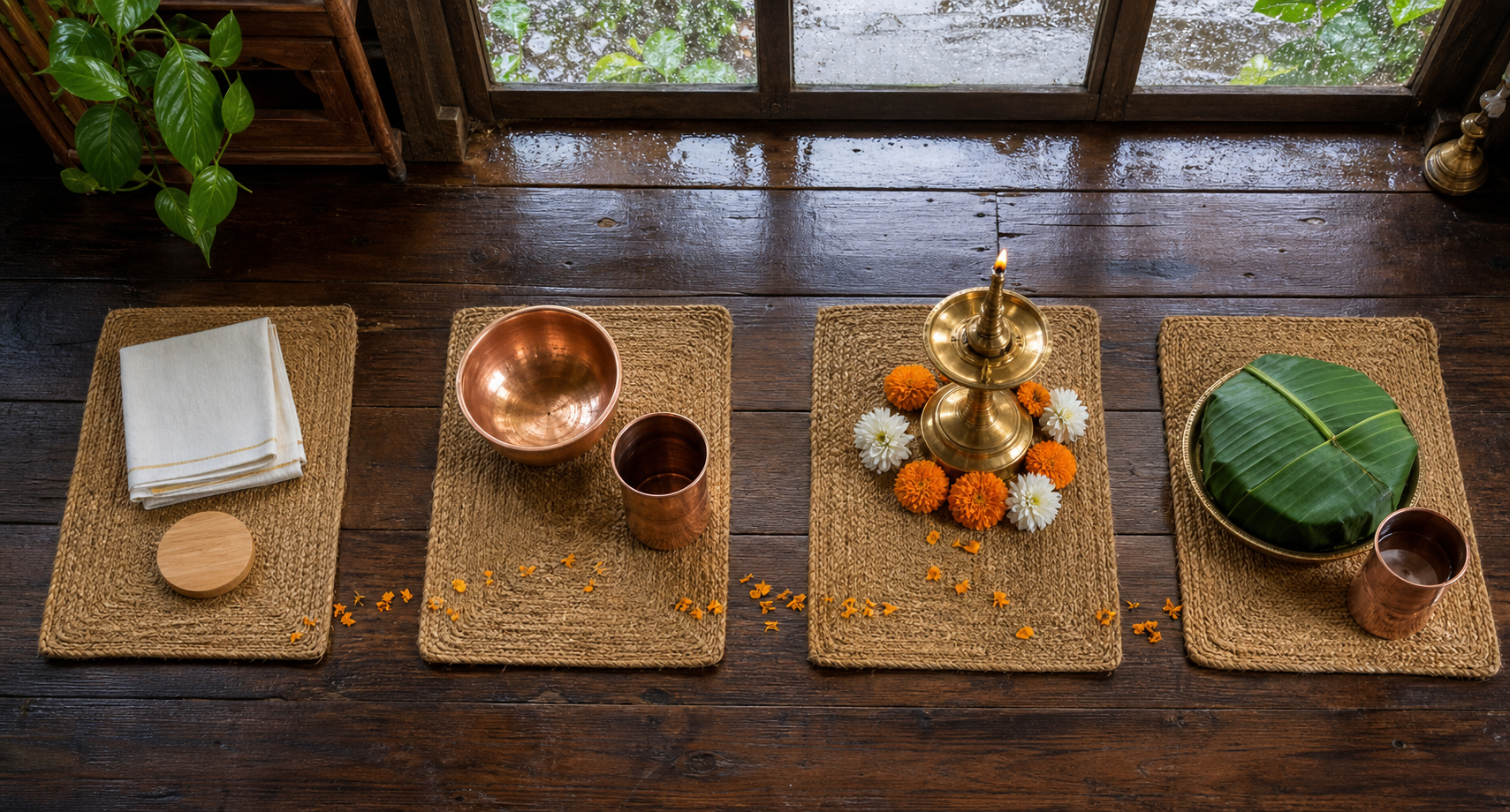 Four small mats display successive devotional preparation items, from a folded cloth and token to puja vessels, a lamp with flowers, and a covered leaf plate.