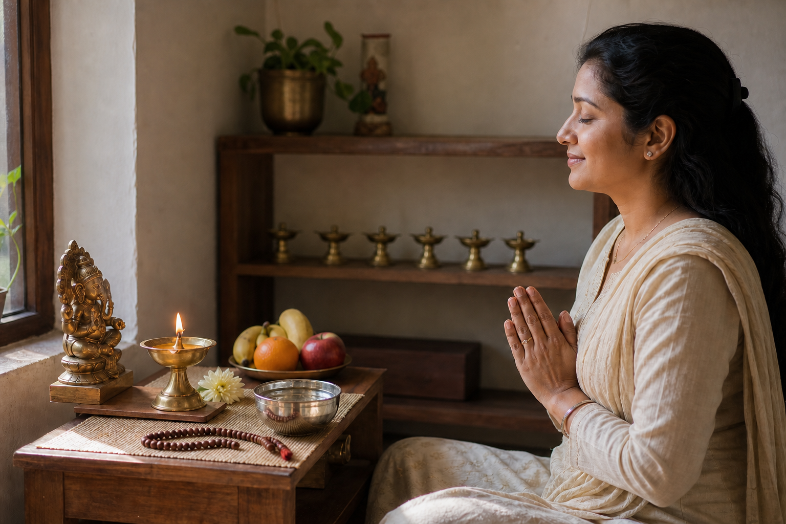 A peaceful devotee prays at one simple home altar while six unlit lamps sit on a shelf in the background.