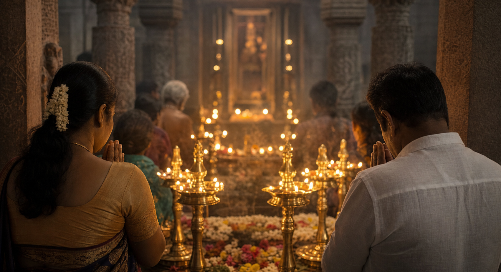 Devotees pray with folded hands beside glowing brass oil lamps inside a South Indian temple.