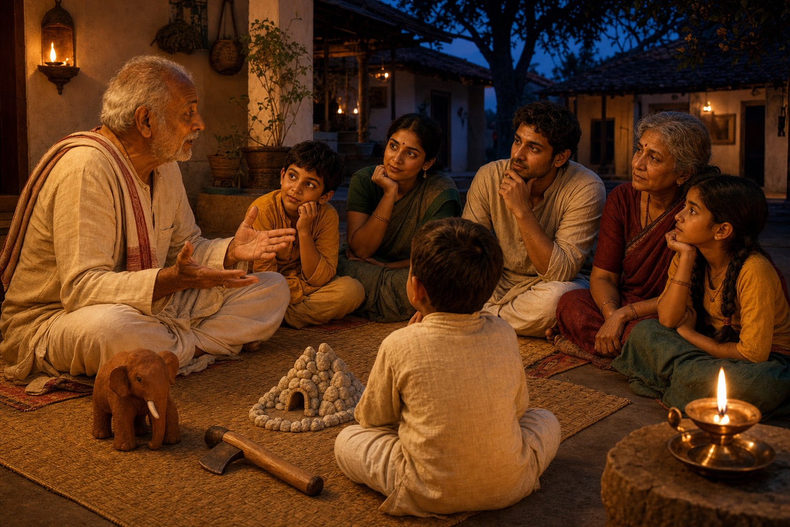 An elder tells the story of Ganesha and Parashurama to a multigenerational group beside simple clay figures and glowing oil lamps.