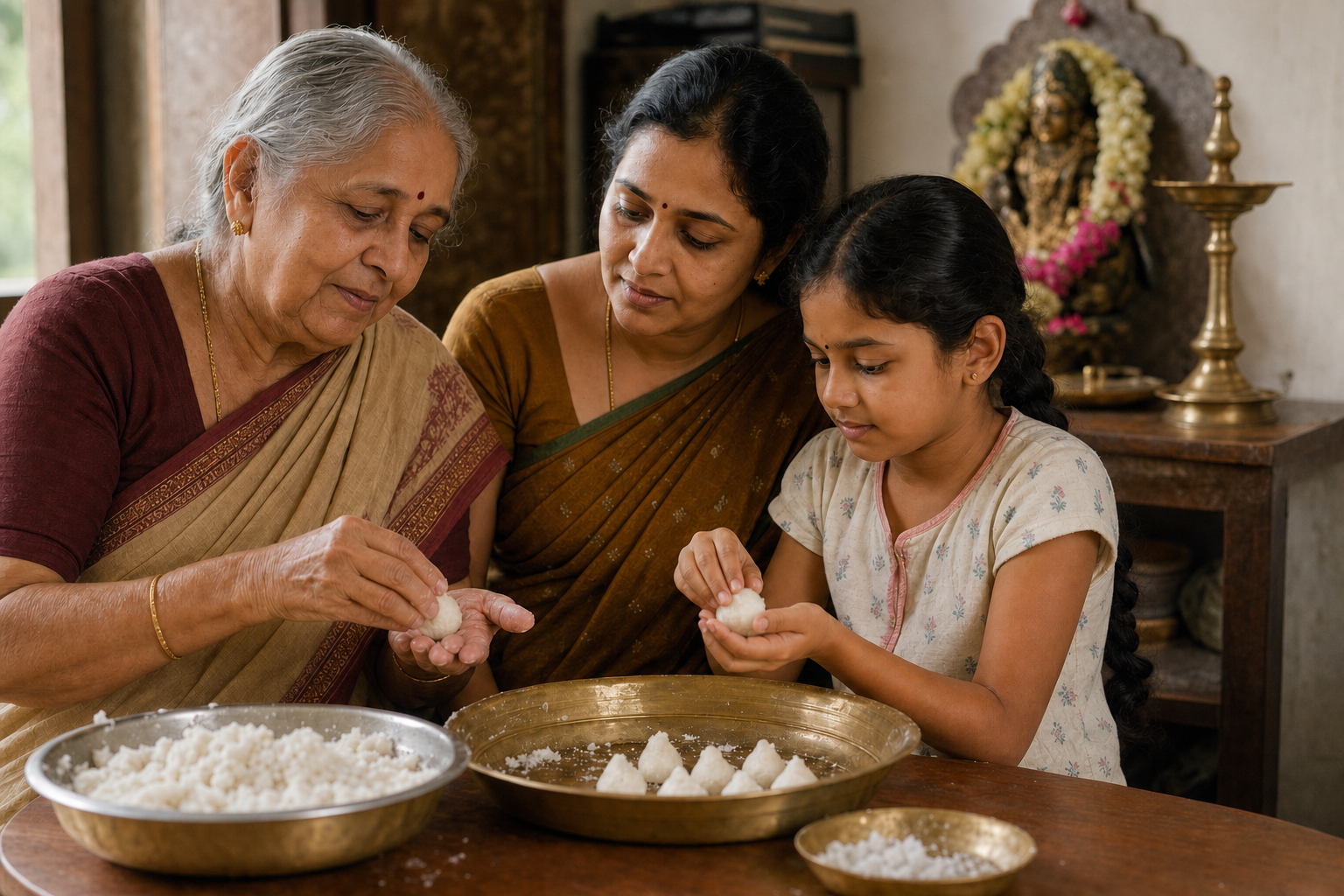 Three generations of a family shape small rice-flour dumplings together while a flower-decorated Gauri altar stands in the background.