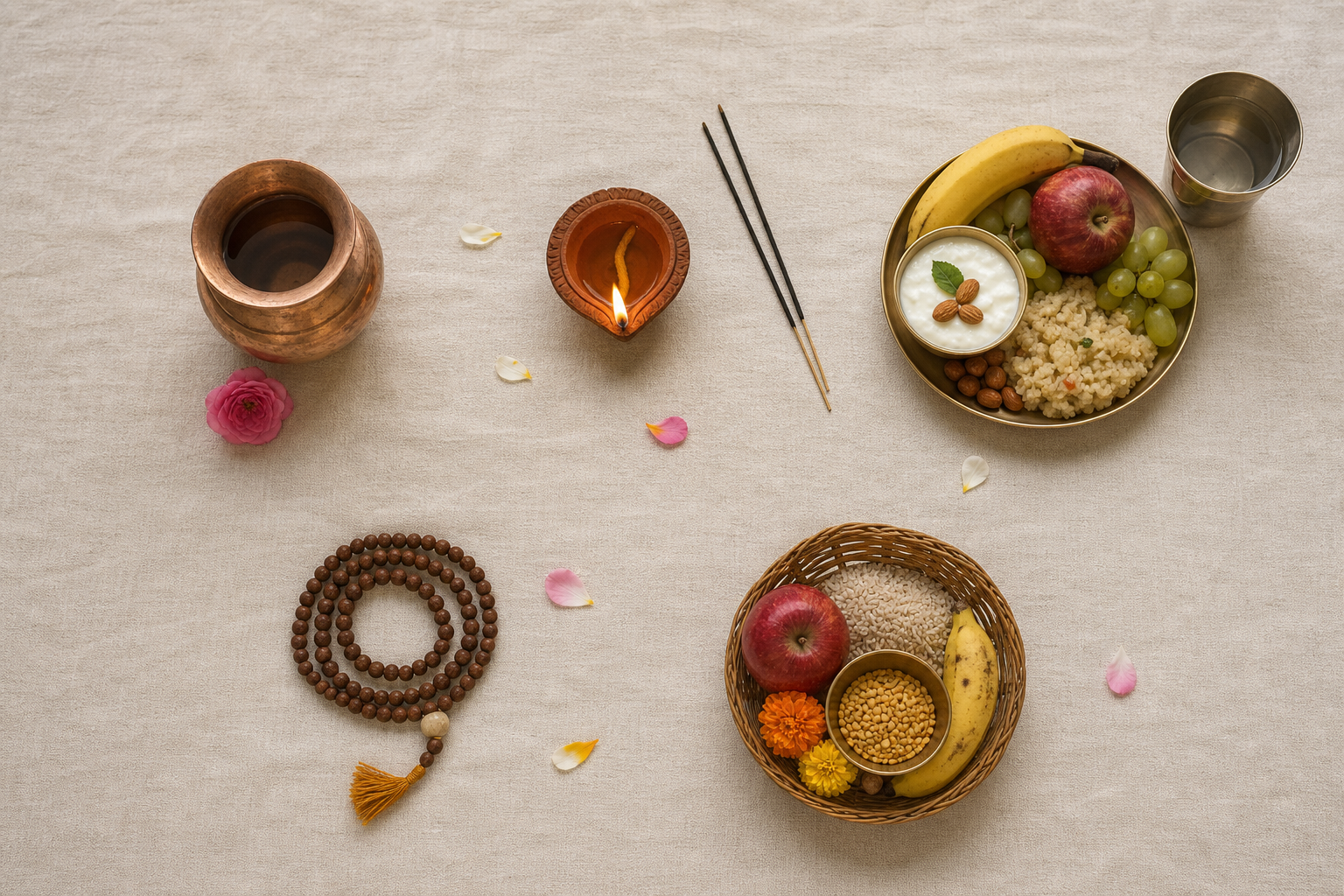 Five devotional groupings show a water vessel and flower, lamp and incense, simple food, prayer beads, and a basket for charity.