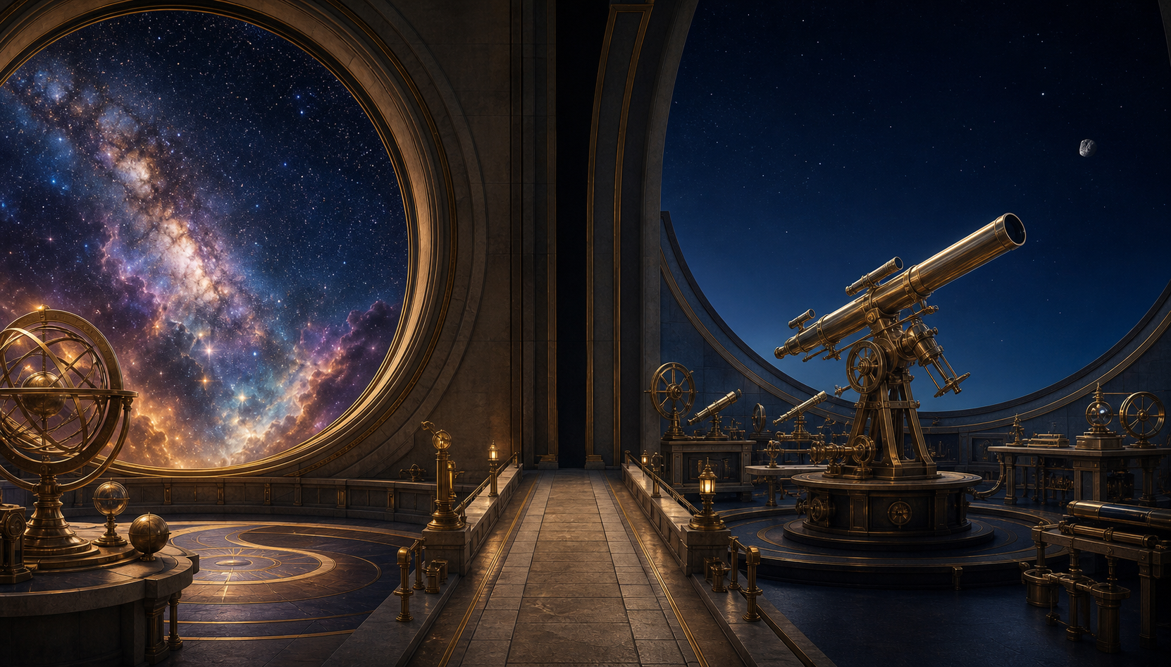 An observatory is divided between a view of deep space and a telescope aimed at a small asteroid.