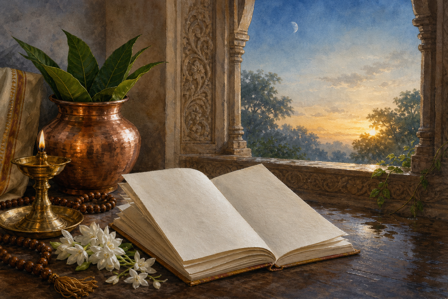 A brass diya, copper kalash, prayer beads, jasmine flowers, and an open blank panchang booklet beside a window at dawn, with a faint waning moon in the sky.