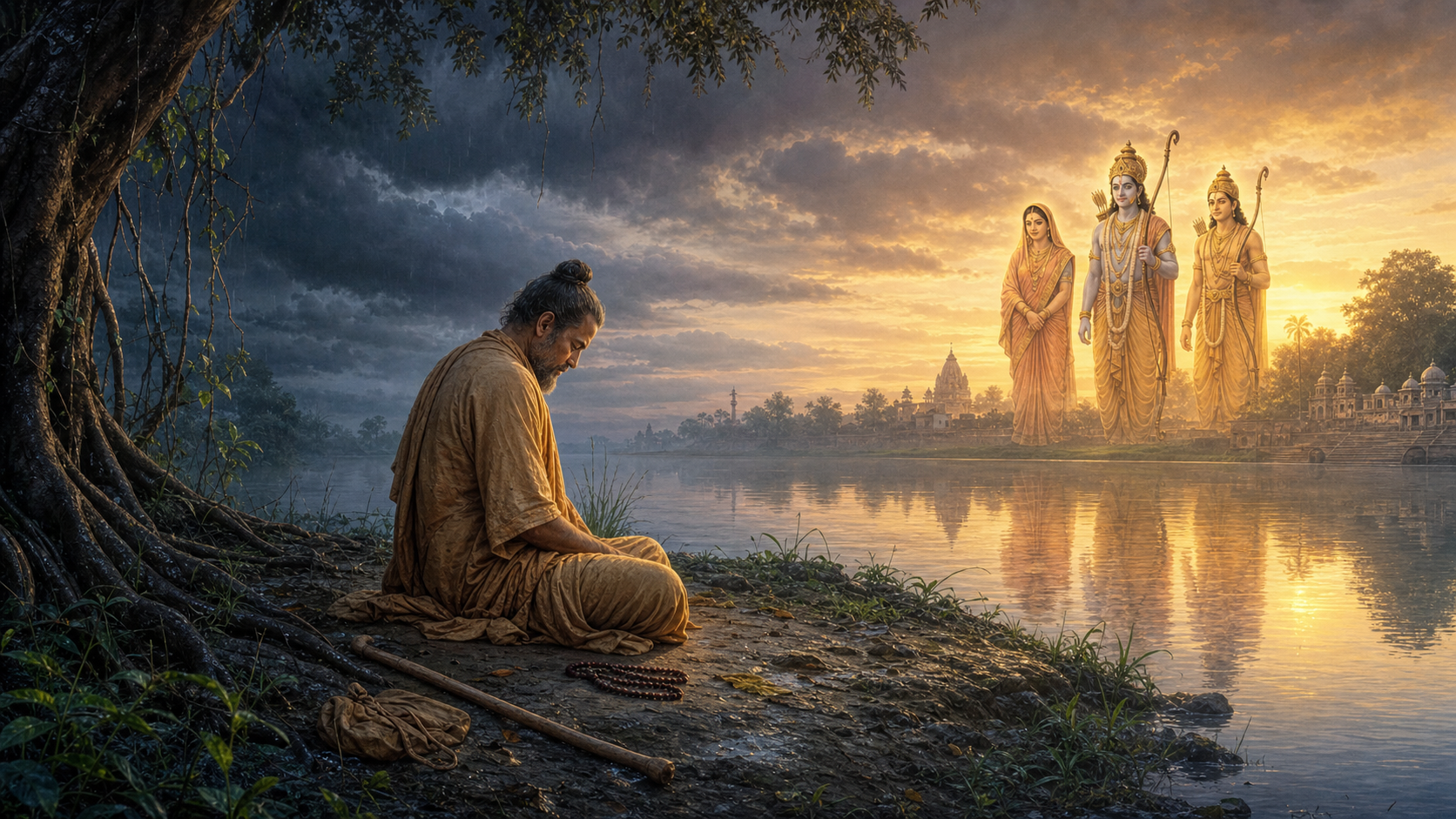 A solitary ochre-robed devotee sits on a riverbank as storm clouds recede and the radiant forms of Rama, Sita, and Lakshmana appear across the water at sunrise.