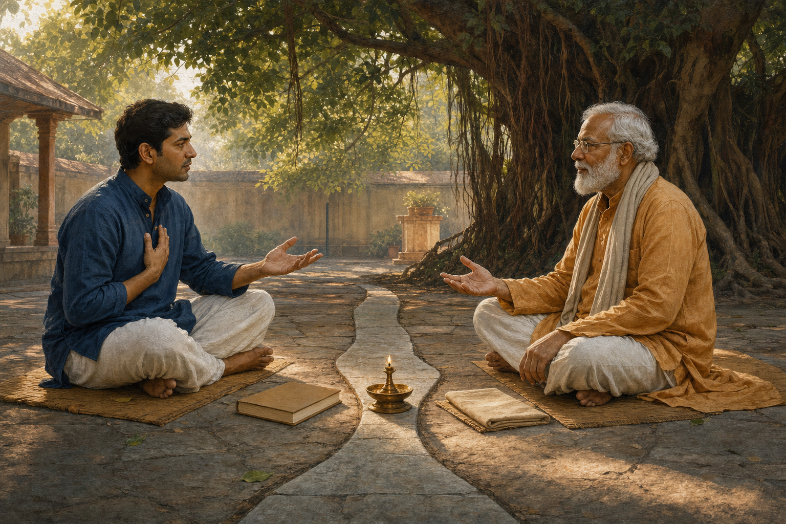 A seeker and an older teacher exchange open-handed gestures beneath a banyan tree, with a brass lamp and closed book between them.
