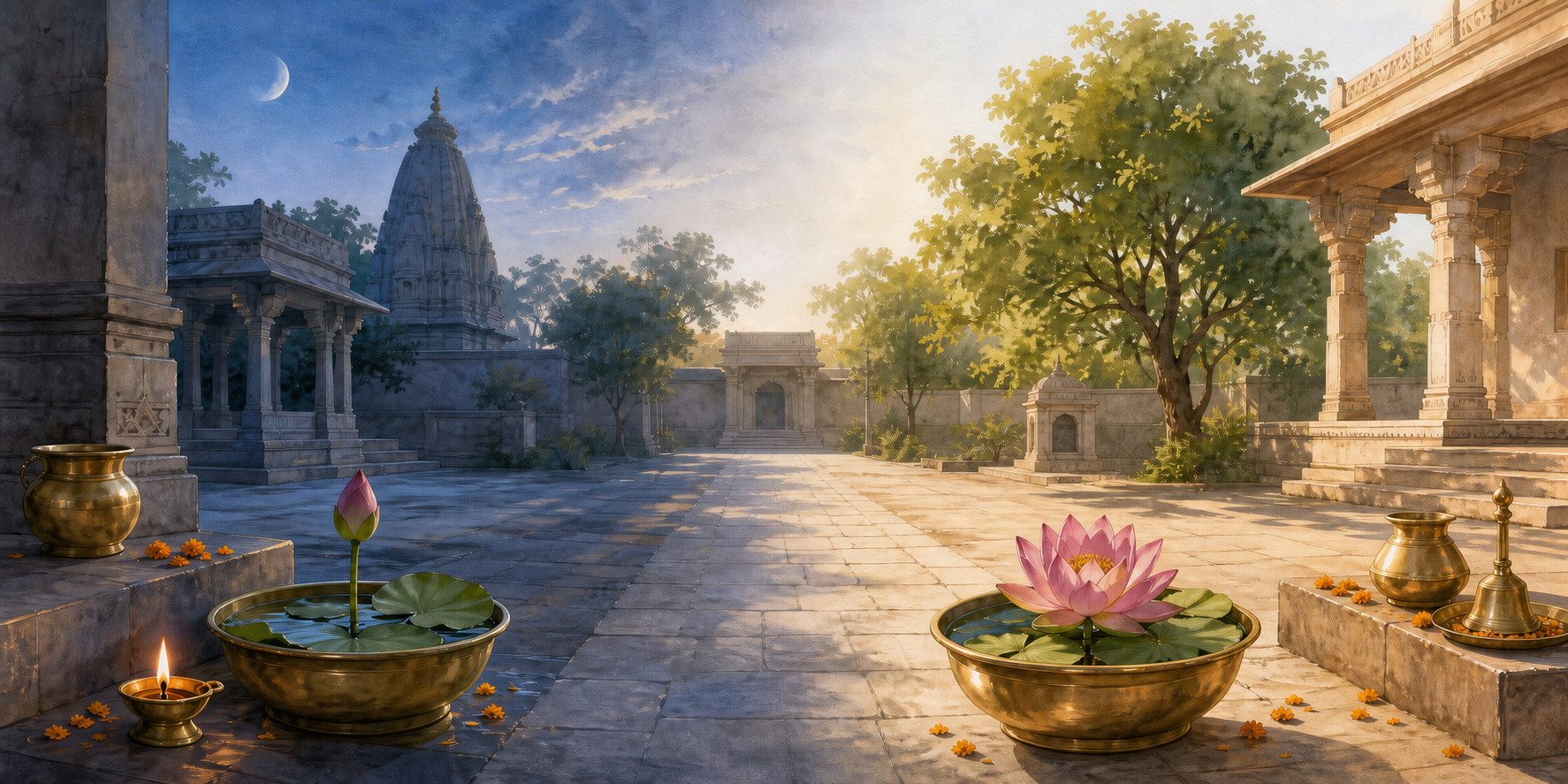 A temple courtyard shown changing from cool early-morning moonlight to brighter late-morning sunlight, with shifted shadows and an opening lotus.