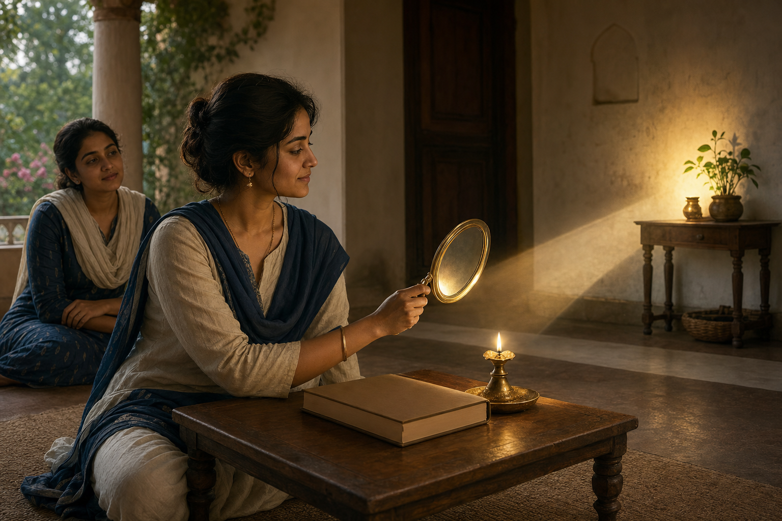 A woman at a low study table angles a round mirror toward a brass lamp while a companion listens nearby.