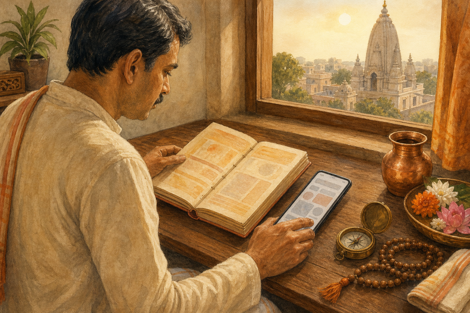 A worshipper at a low desk compares a bound calendar booklet with a smartphone beside a compass, prayer beads, flowers, and a copper vessel.
