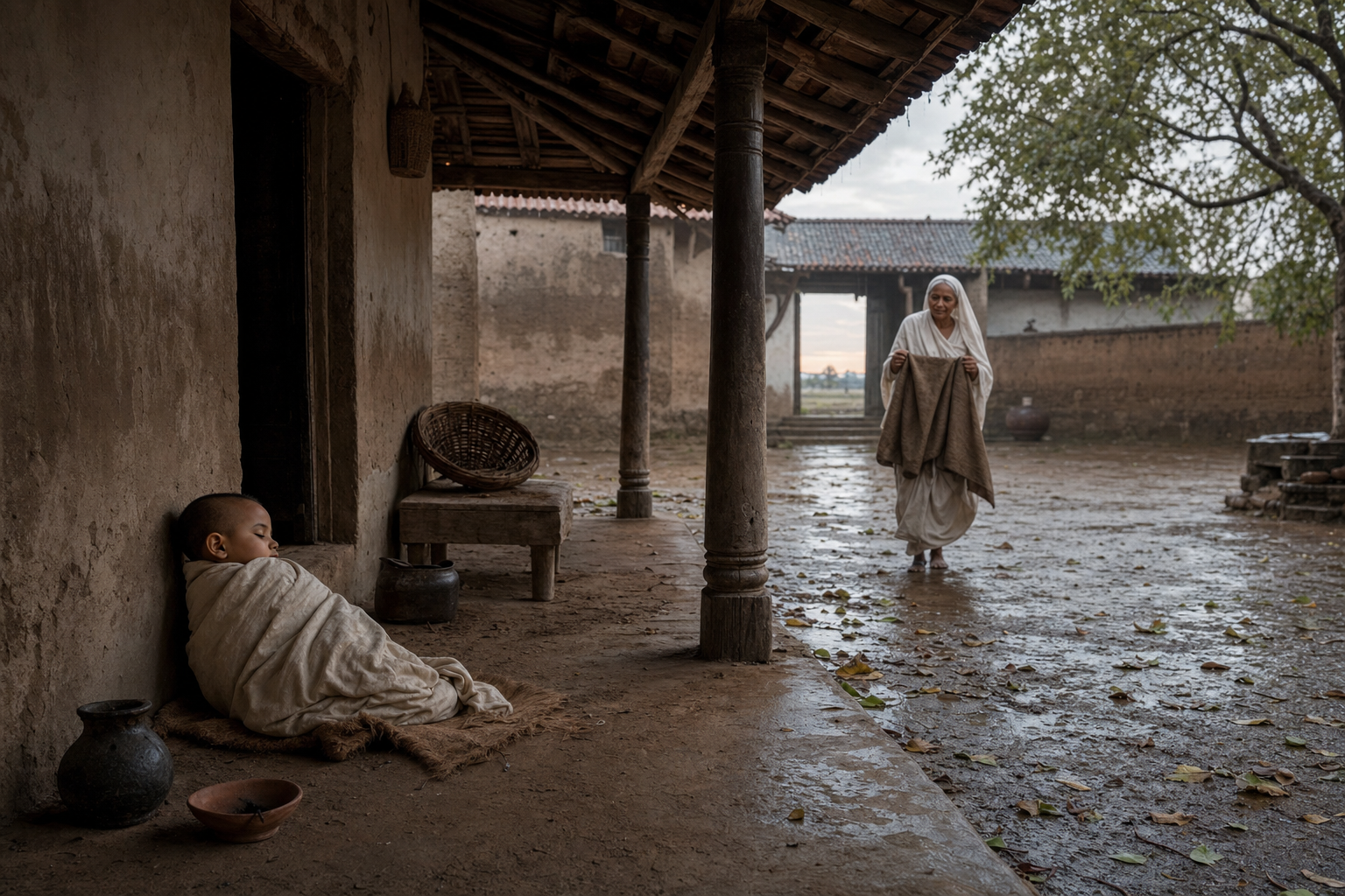 A cloth-wrapped child rests beneath a village veranda after rain while an elderly caregiver approaches with a shawl.