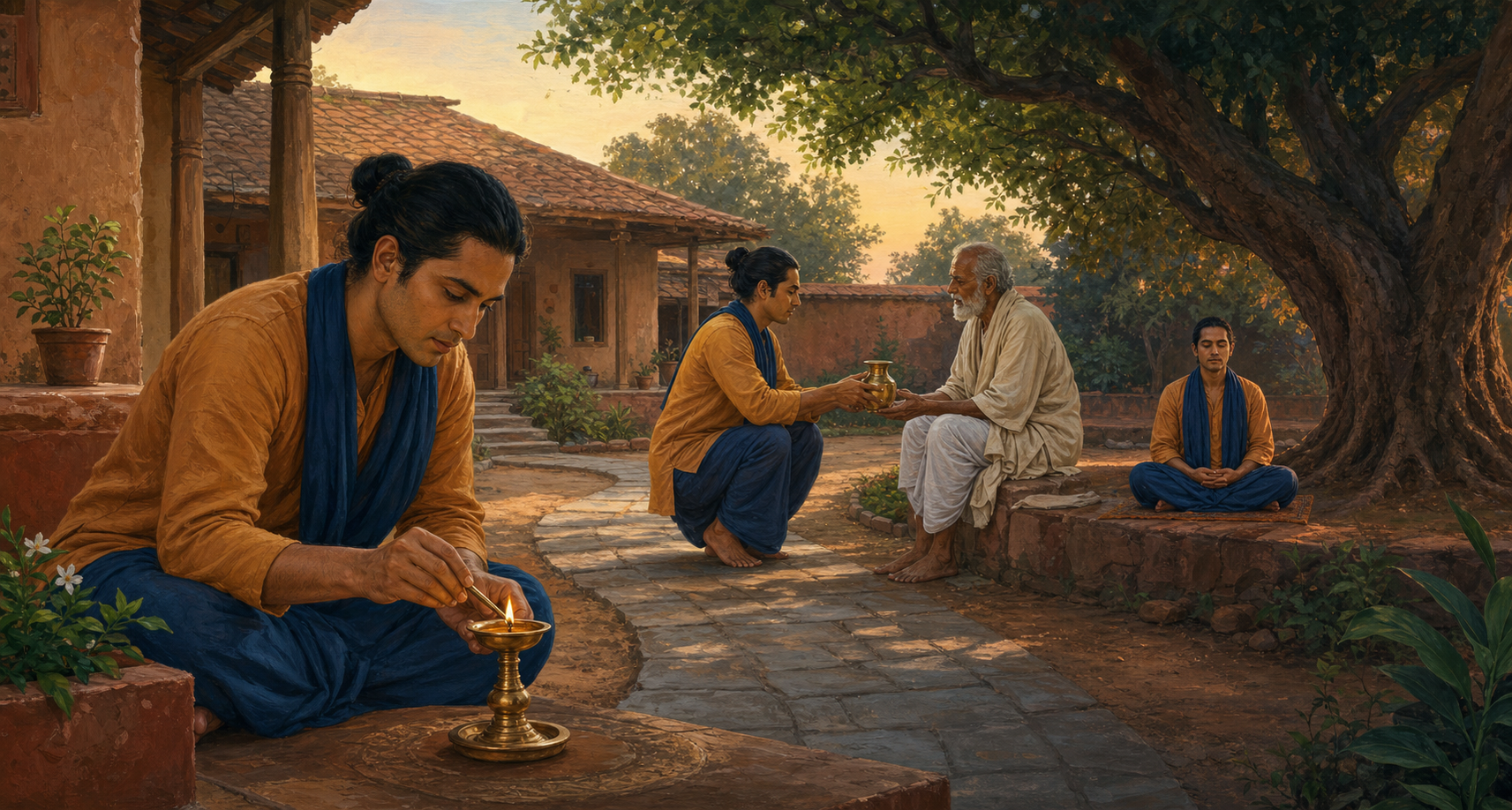 Three connected courtyard scenes show one seeker tending a lamp, offering water to an elder, and meditating beneath a tree.