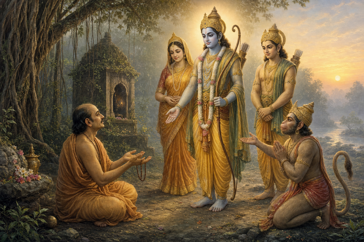 Tulsidas kneels in a forest shrine before the radiant figures of Rama, Sita, and Lakshmana as Hanuman folds his hands nearby.