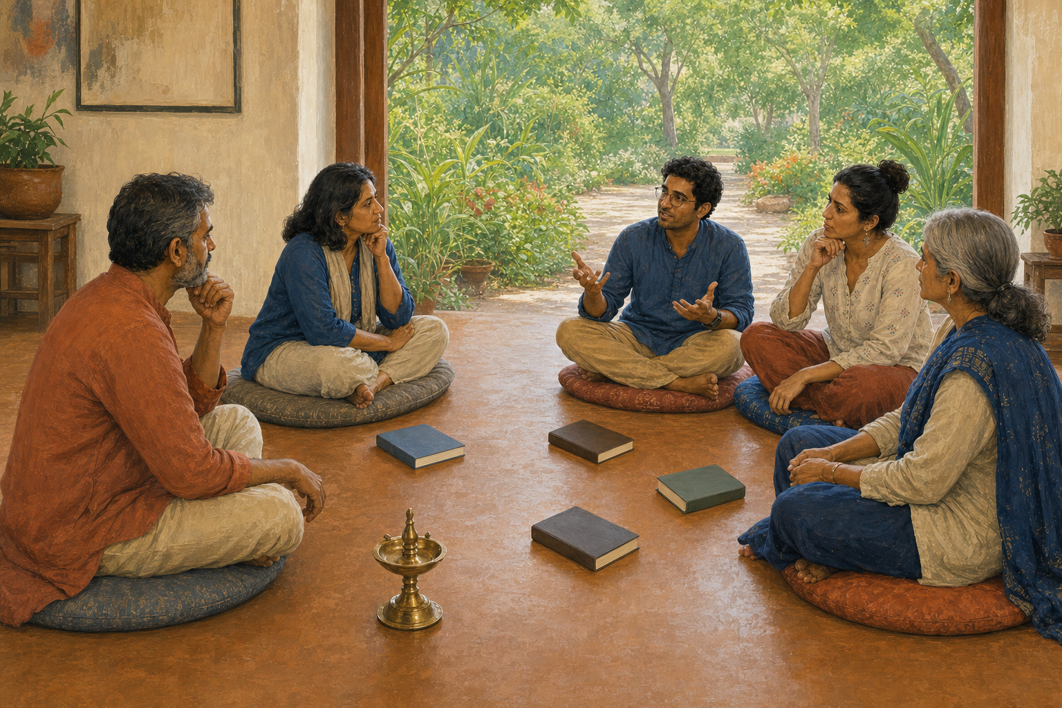 Five adults sit in an equal circle, listening and speaking with open gestures around a small brass lamp and closed books.