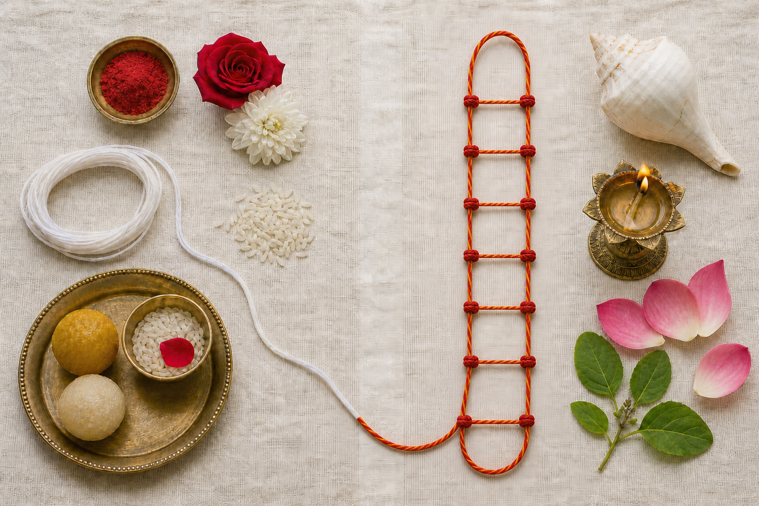 Two ritual arrangements show a simple protective thread with family offerings and a fourteen-knotted ochre-red cord with Vishnu-associated objects.