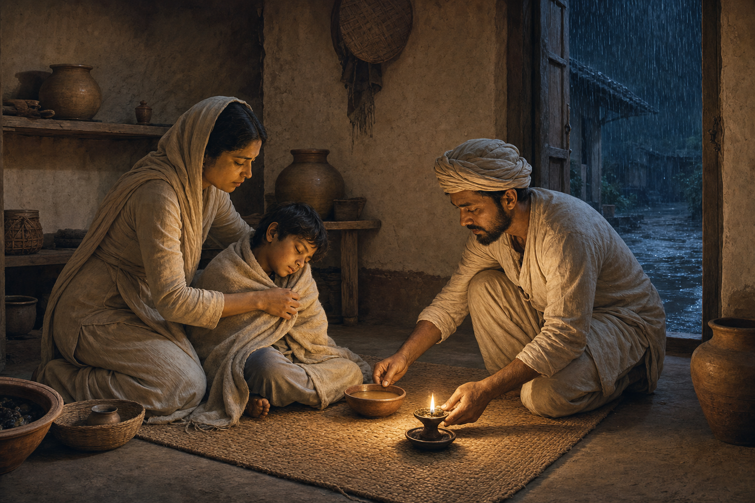 Two adults shelter a tired child in a warm courtyard while rain falls beyond the open doorway.