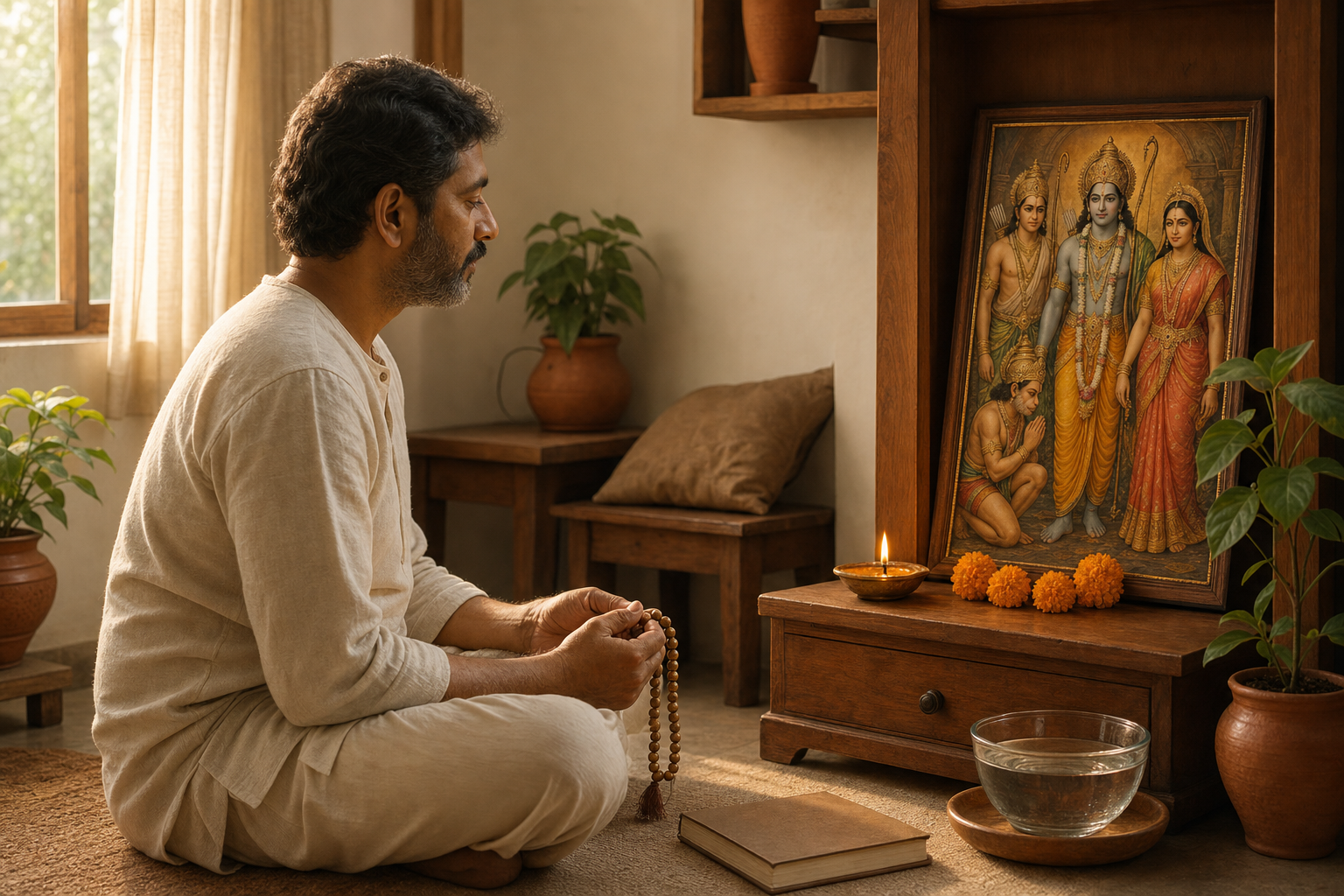 A person practices japa with wooden prayer beads at dawn before a small home shrine to Rama, Sita, Lakshmana, and Hanuman.