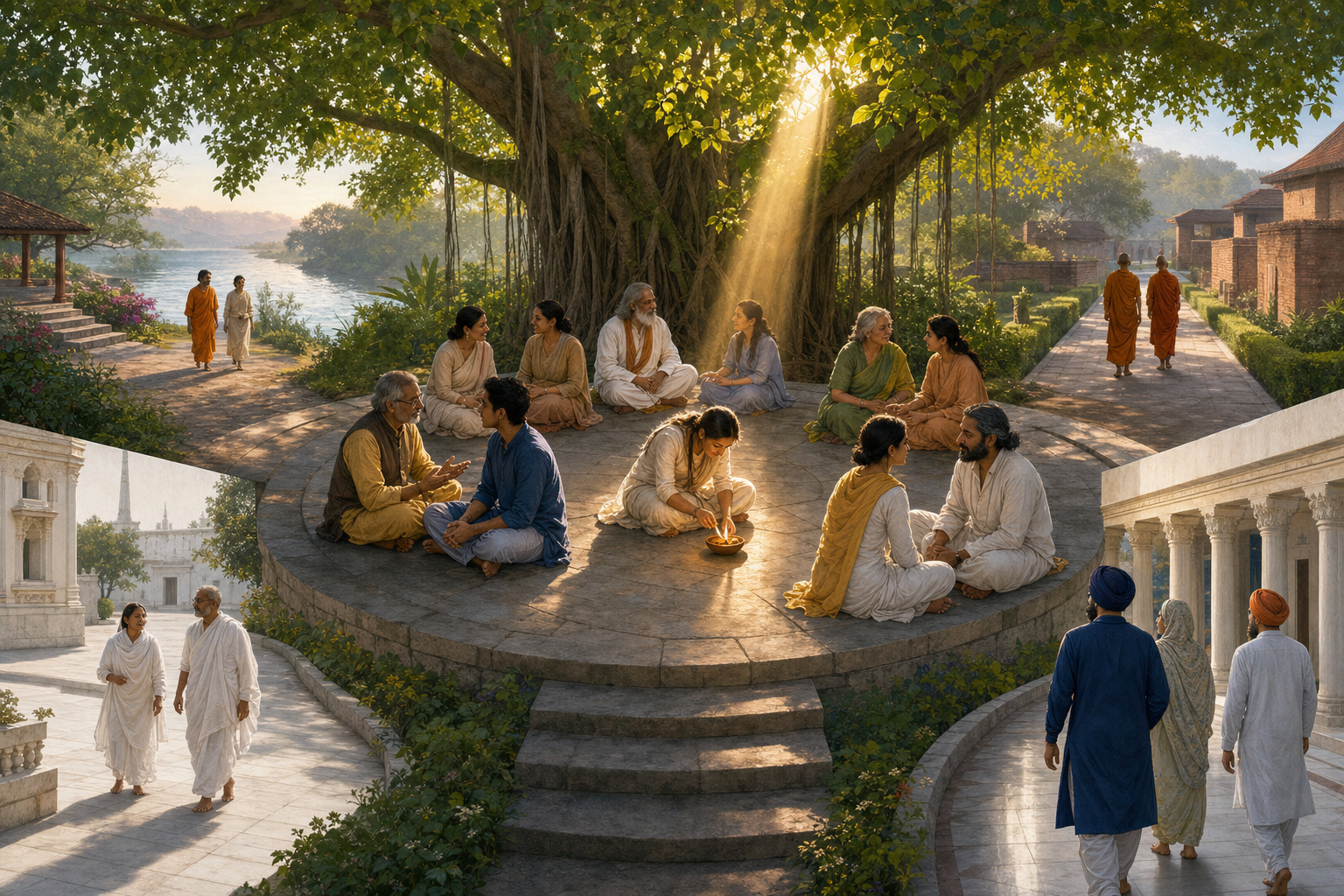 Teachers and practitioners gather beneath a banyan tree around a clay lamp illuminated by morning sunlight, with four distinct paths leading into the courtyard.