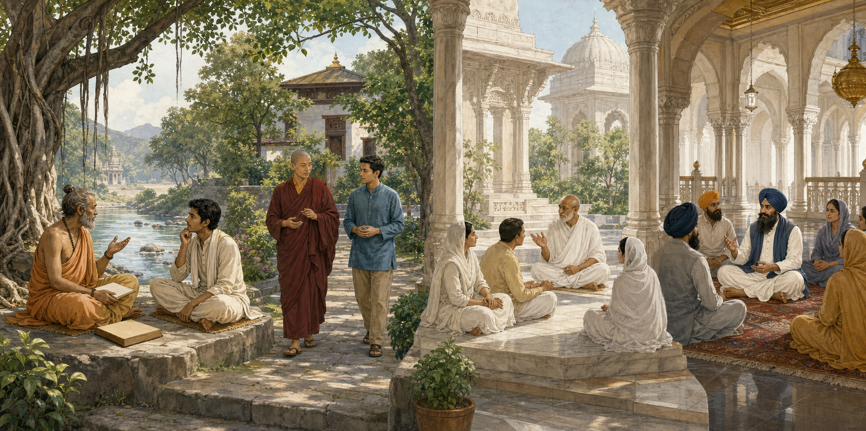 Four adjacent scenes show Hindu, Buddhist, Jain, and Sikh teachers guiding attentive practitioners in distinct spiritual settings.