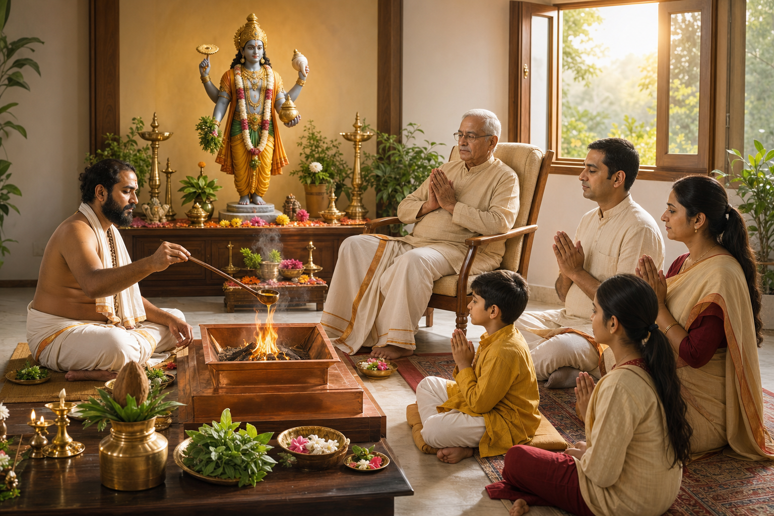 A priest conducts a Dhanvantari Homam around a small sacred fire while a family and an older seated patient participate before a Dhanvantari altar.