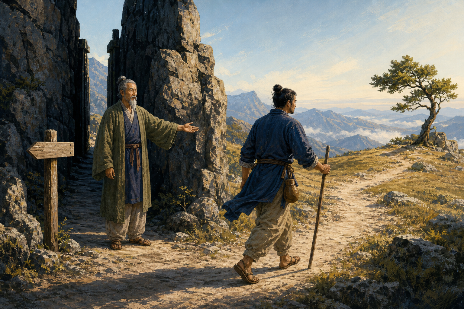 An elder teacher points along a mountain path as an adult student walks independently toward a sunlit plateau and a young tree.