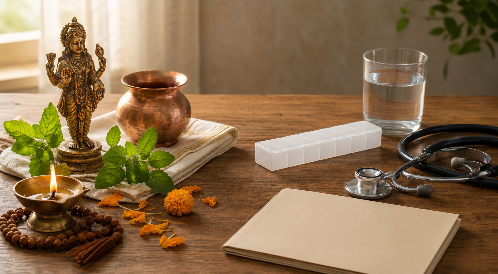 A Dhanvantari figure, lamp, tulsi leaves, and prayer beads share a table with a stethoscope, pill organizer, water glass, and closed medical folder.
