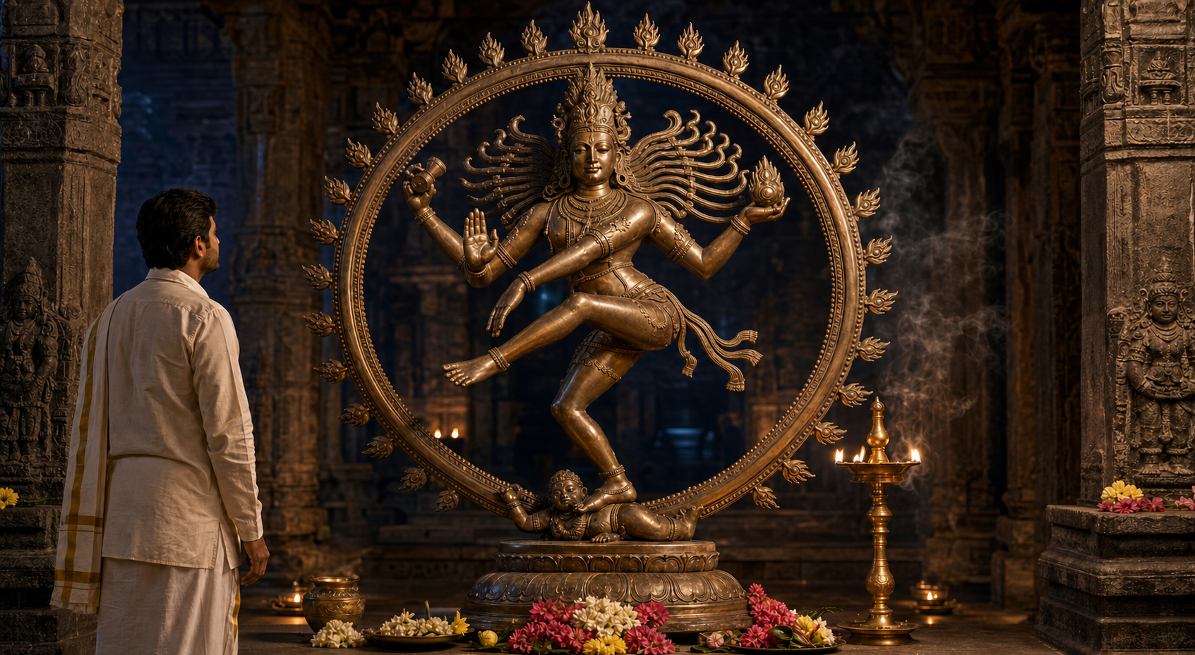 A visitor observes a bronze Shiva Nataraja icon illuminated by an oil lamp inside a carved stone temple.