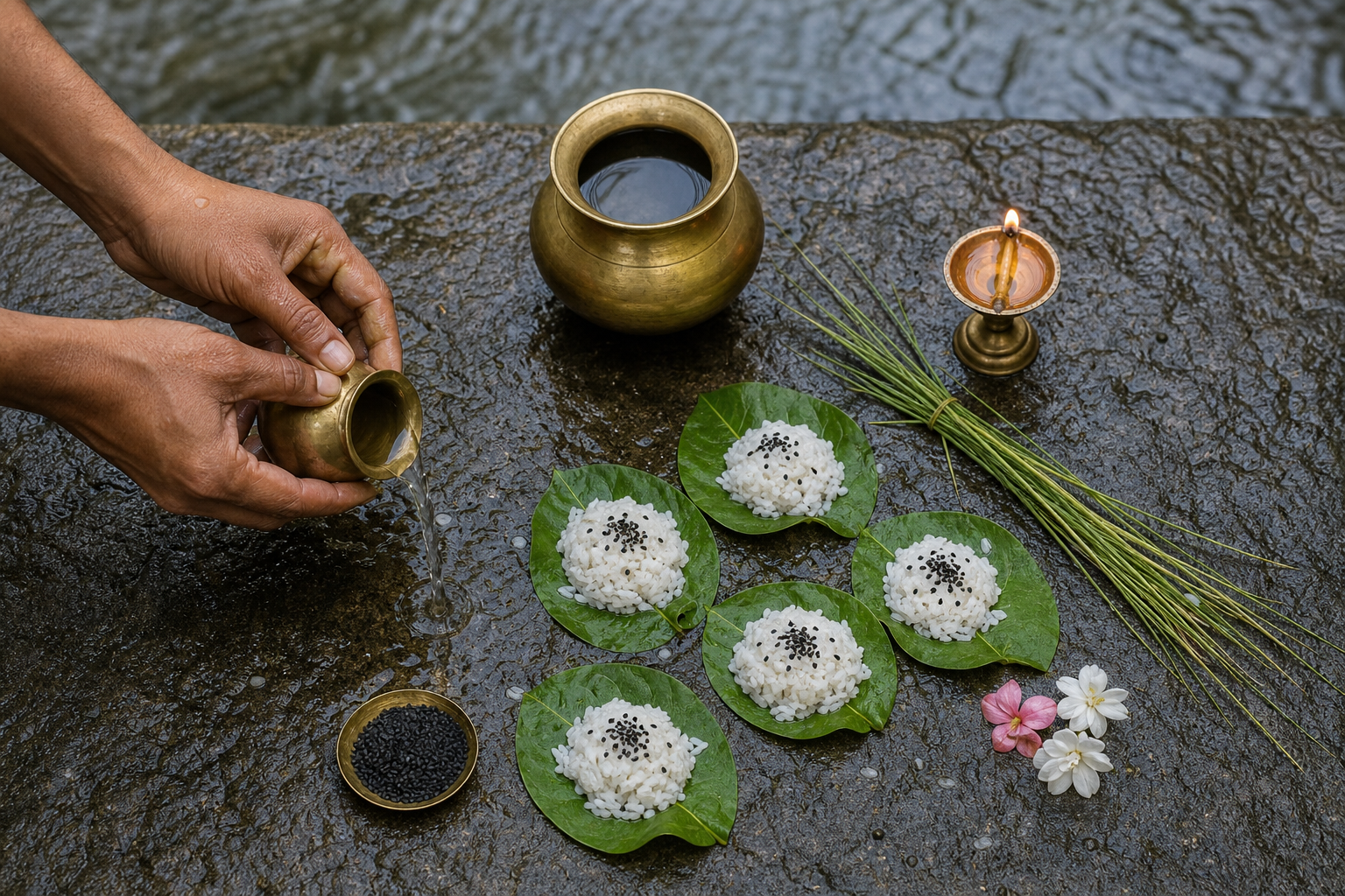 Rice offerings, black sesame, darbha grass, flowers and a brass water vessel are arranged on leaves beside the water.