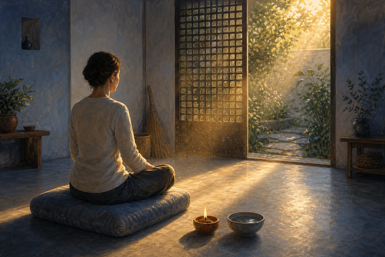 A practitioner meditates in a carefully prepared room as golden morning light falls across a cushion, clay lamp, and water bowl.
