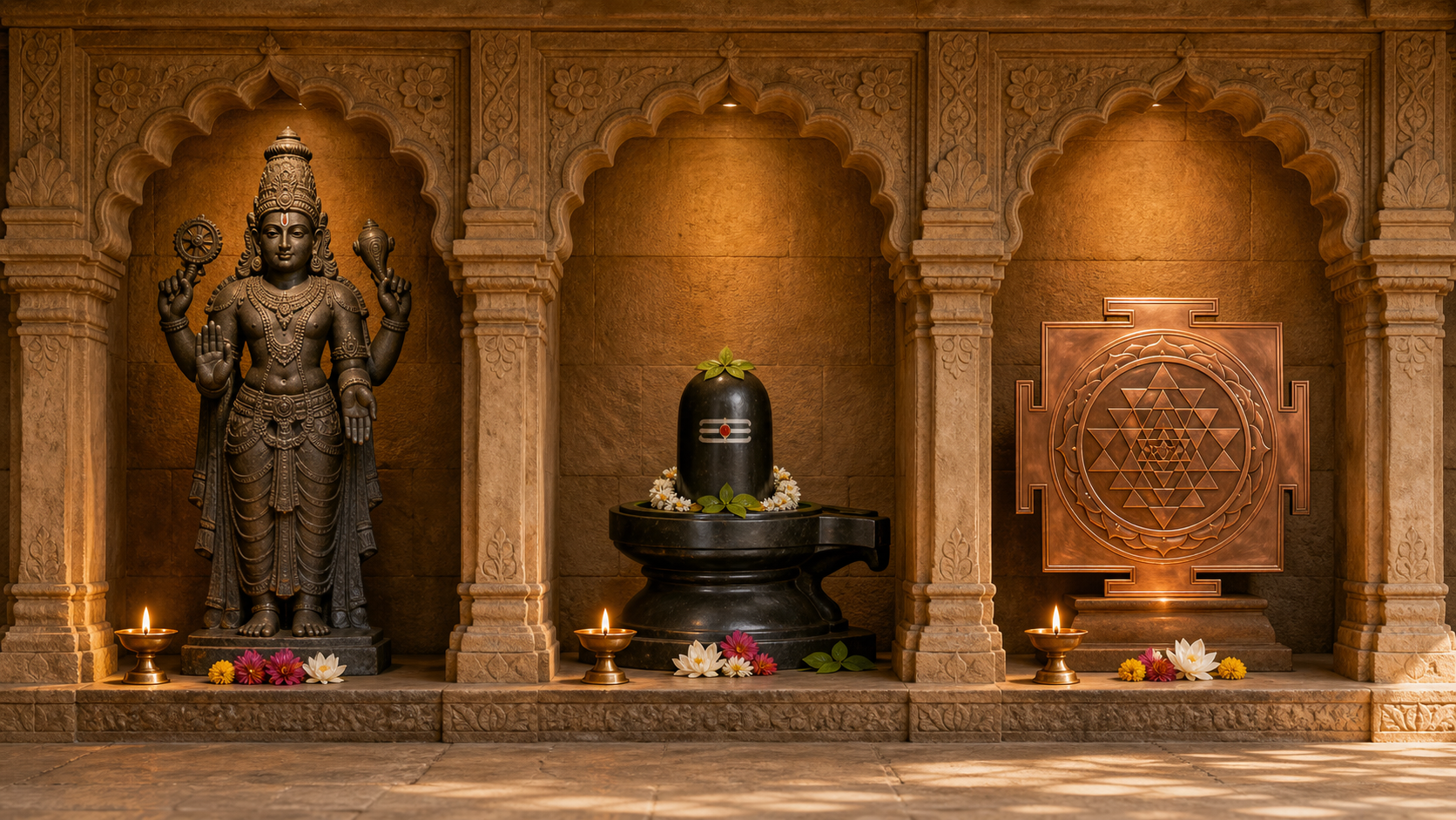 Three temple alcoves contain an anthropomorphic deity sculpture, a garlanded Shiva linga, and a copper Sri Yantra.