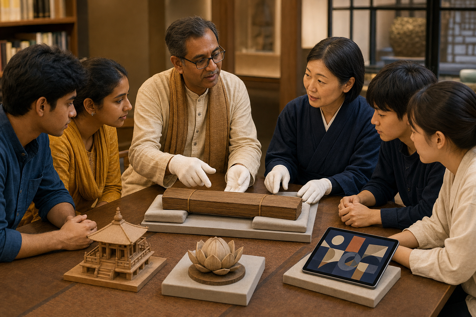 Indian and Japanese students examine a palm-leaf manuscript bundle, a wooden temple model and digital learning tools with two educators.