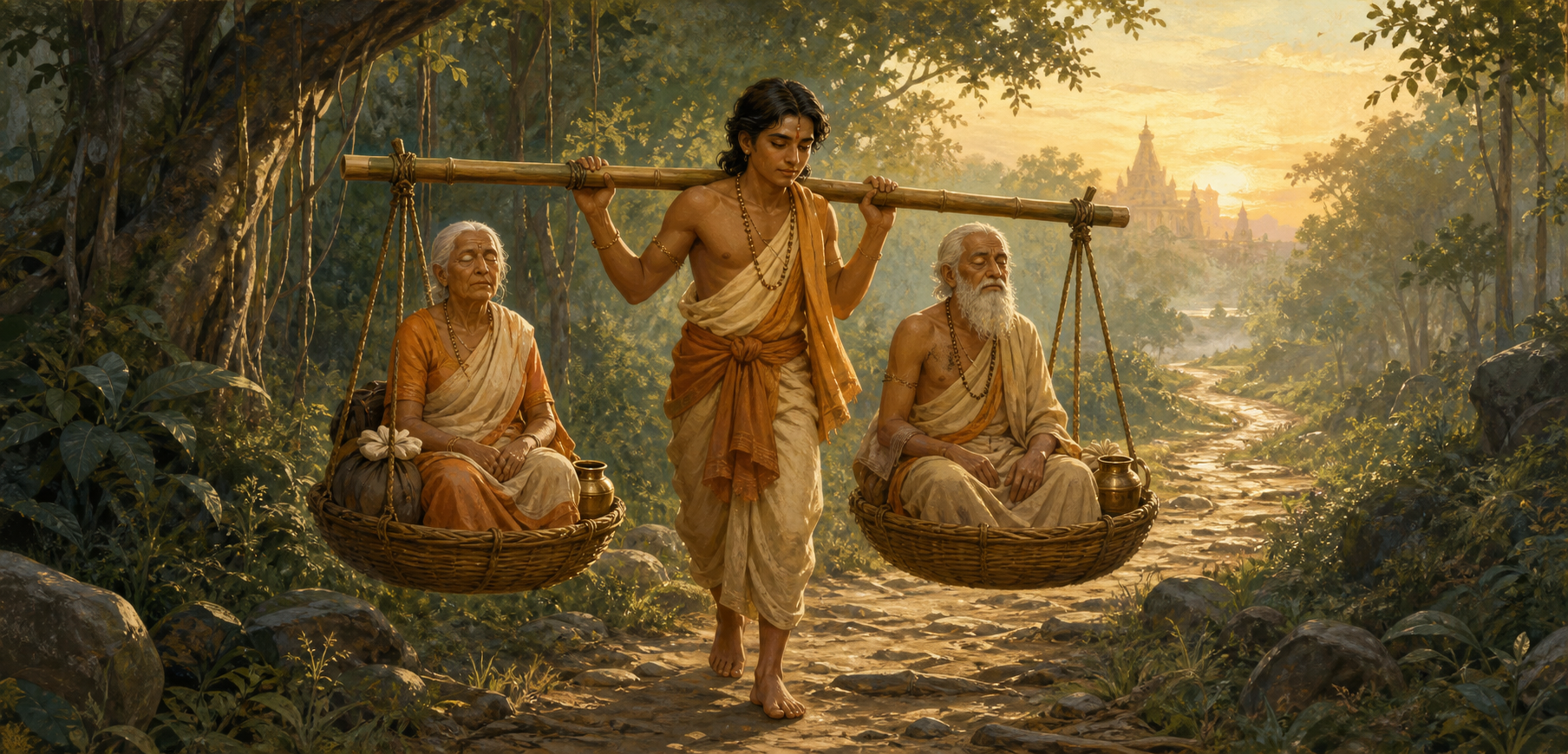 Shravana Kumara carries his two elderly blind parents in woven seats suspended from a bamboo yoke along a forest pilgrimage path.