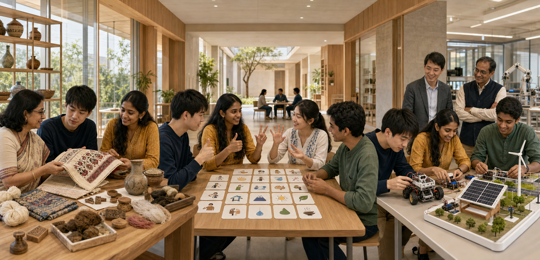 Indian and Japanese students move from a cultural learning activity to language practice and a joint technology laboratory.