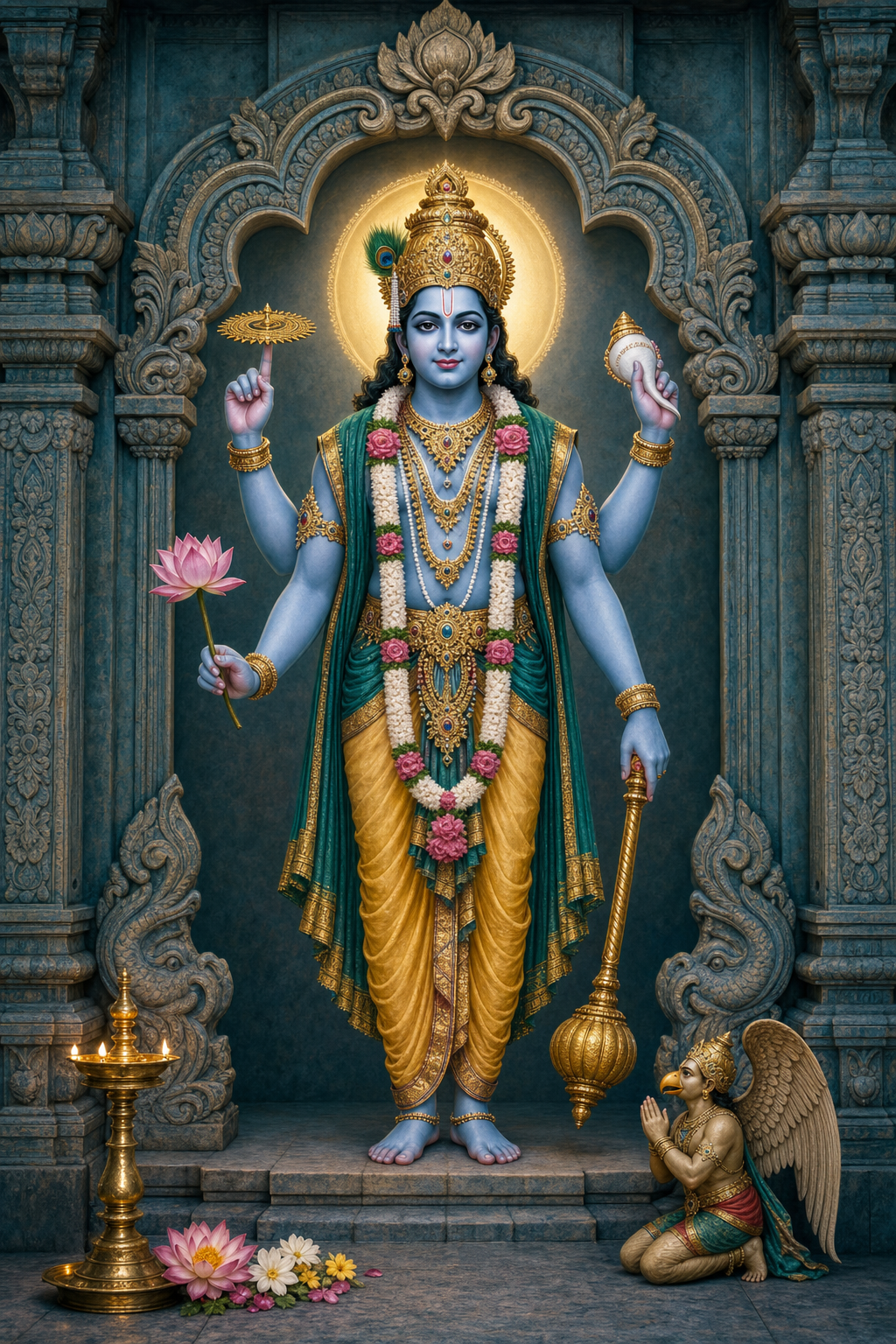 A four-armed standing Vishnu icon holds a conch, discus, mace, and lotus above a small figure of Garuda.