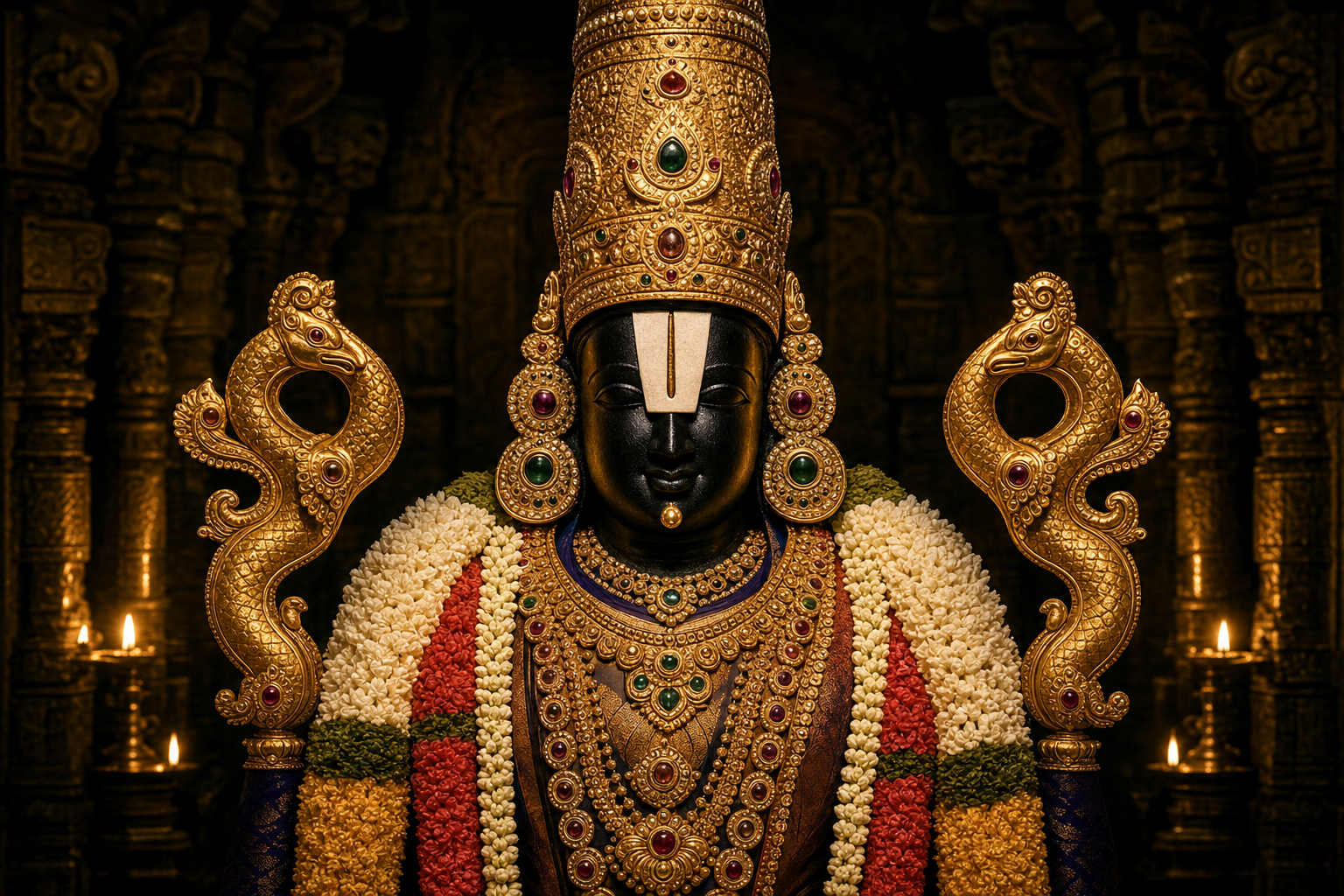Devotional illustration of Lord Venkateswara with flower garlands and two golden serpent ornaments visible beside his shoulders in a lamp-lit sanctum.