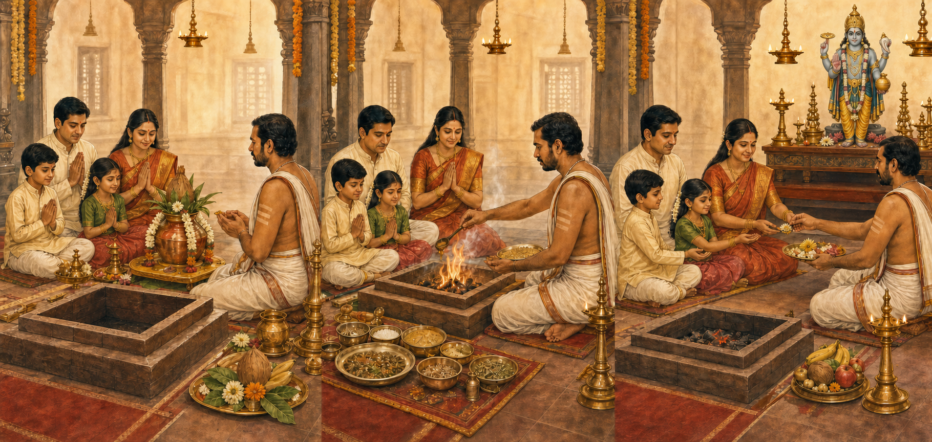 Three connected scenes show a family making a sankalpa, offering materials into a homa fire, and completing worship before a Dhanvantari altar.