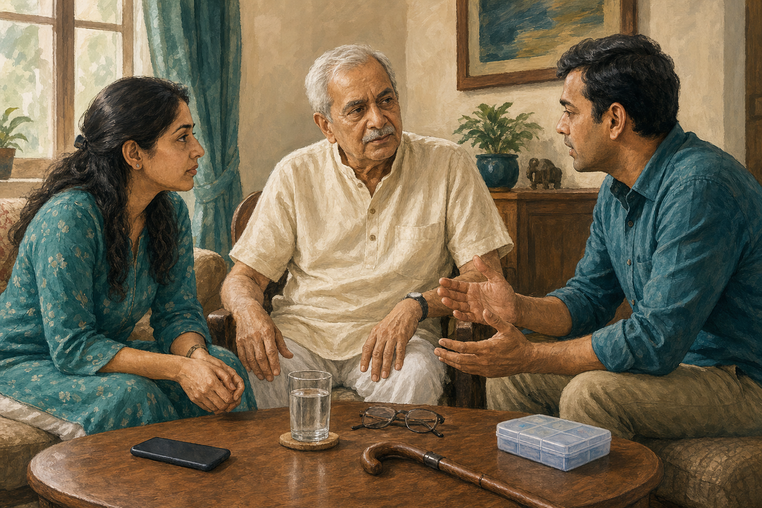 An adult daughter listens to her ageing father while an adult son speaks with them in a sunlit family living room.