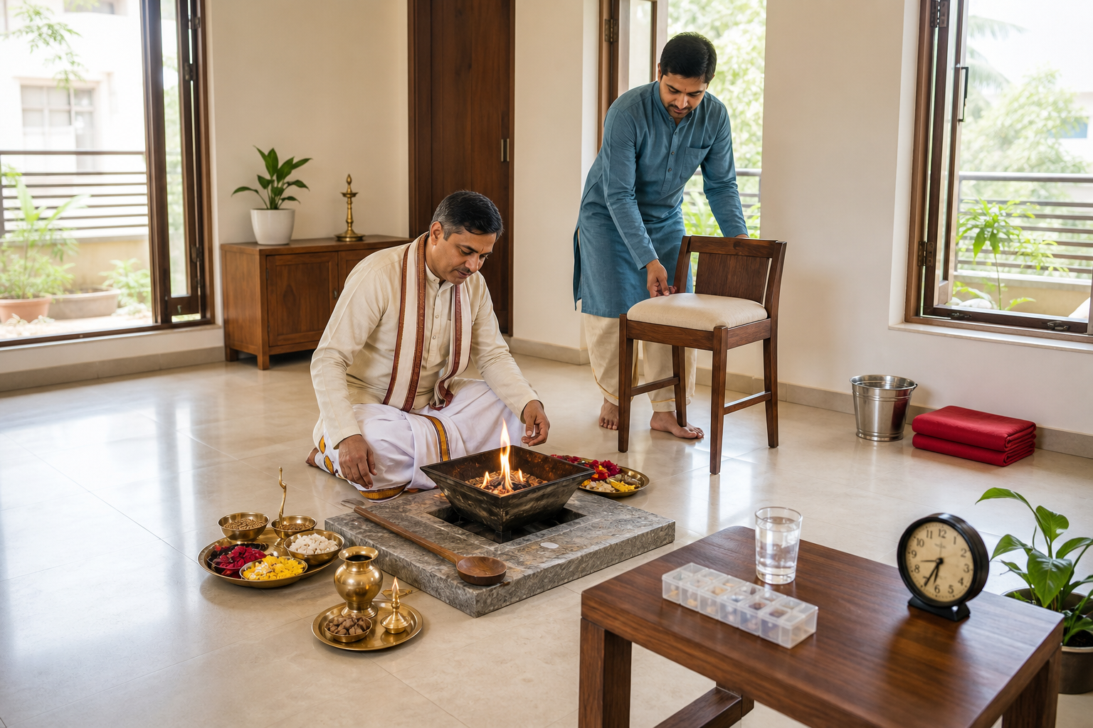 A priest and family prepare a ventilated room for a small homam with a fireproof hearth, organized offerings, a supportive chair, water bucket, fire blanket, and medical-care items nearby.