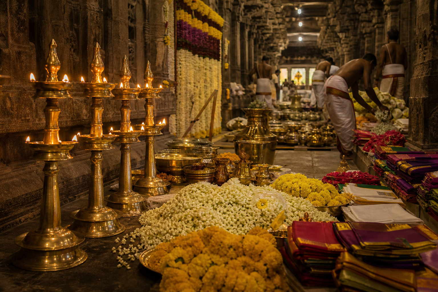 Temple attendants arrange oil lamps, flower garlands, vessels, and ceremonial cloths in a stone passage.