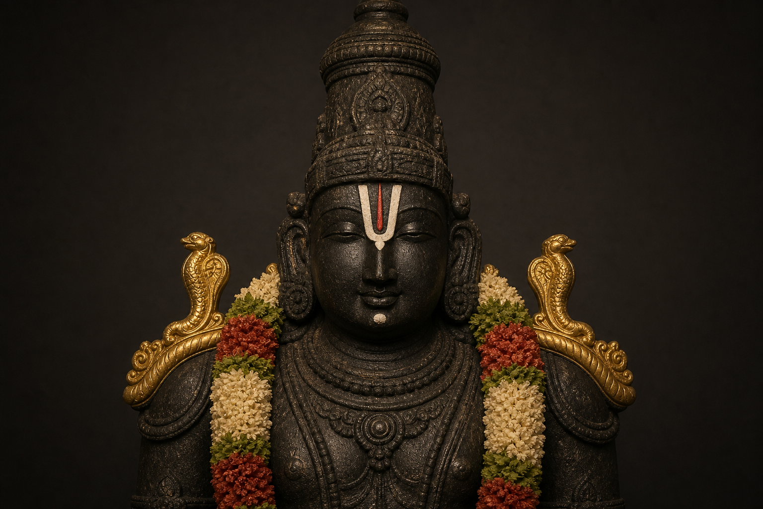Close frontal study of two golden serpent-shaped ornaments placed beside the shoulders of a black-stone Venkateswara icon.