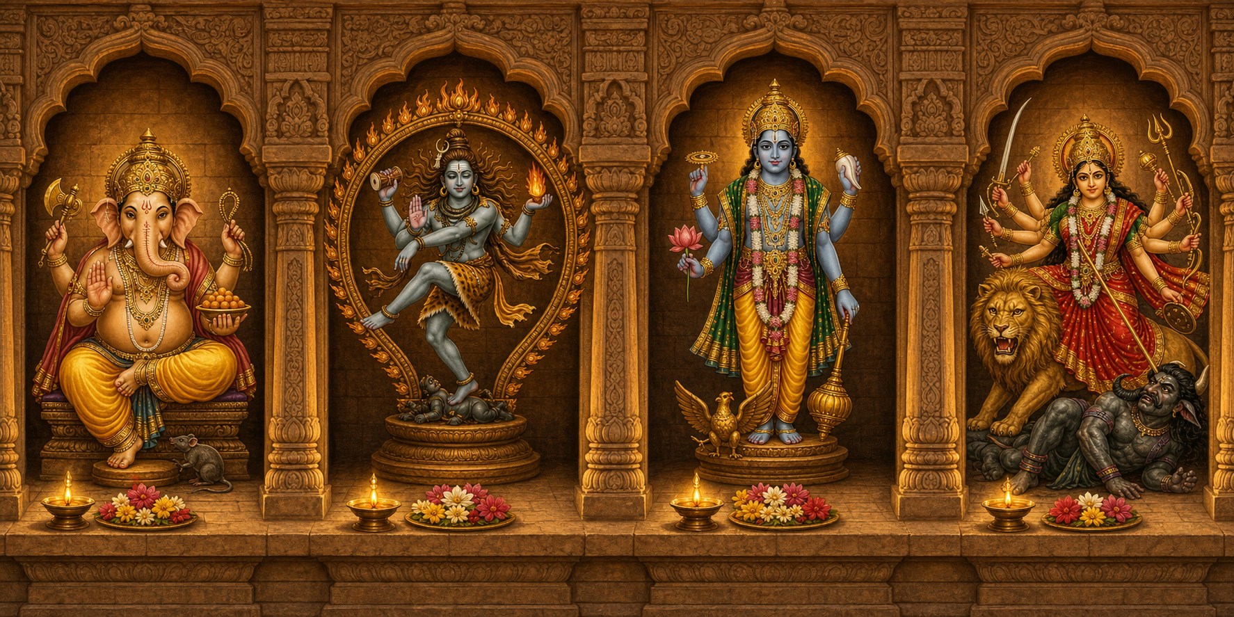 Four temple niches show Ganesha, Shiva as Nataraja, four-armed Vishnu, and Durga with her lion and the buffalo demon.