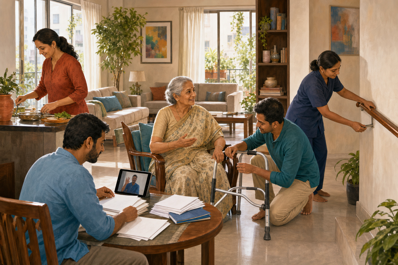 An older woman sits in her home as relatives and a care worker share meal preparation, mobility support, household organization, and remote family contact.