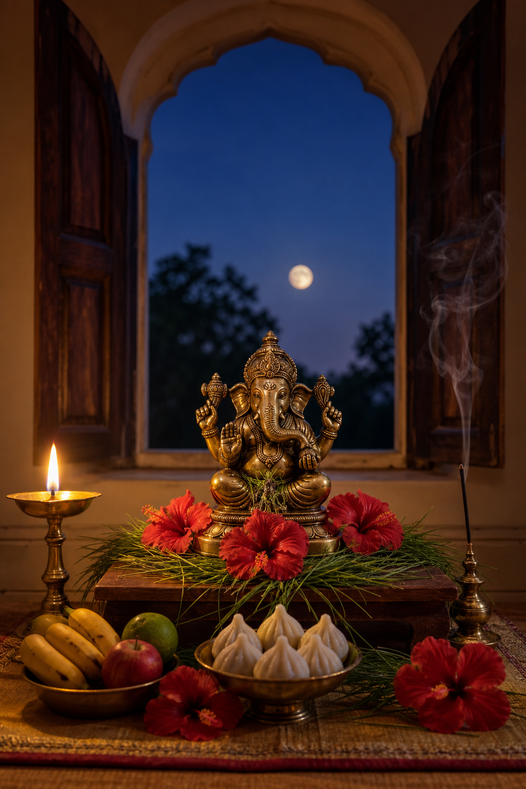 A brass Ganesha murti with hibiscus flowers, durva grass, modaks, fruit, incense, and a lit oil lamp as the moon rises outside at twilight.
