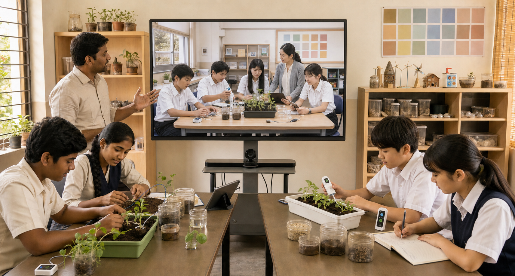 Teachers and student teams in Indian and Japanese classrooms continue a shared environmental science project through a live video link.