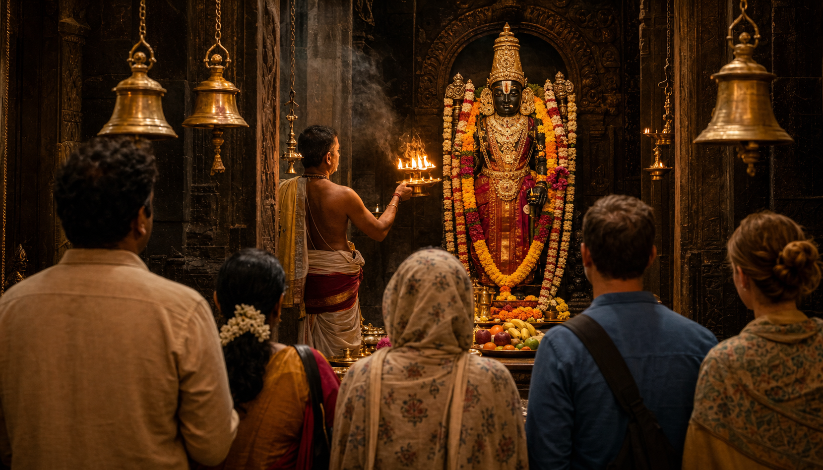 A priest performs an arati lamp offering before a garlanded stone deity as worshippers watch from the temple threshold.