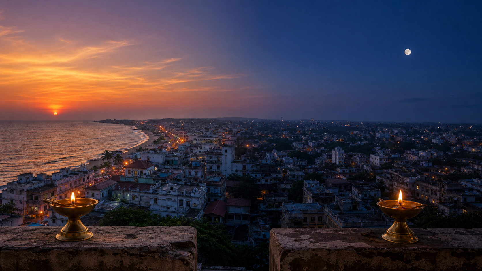 Two Indian locations under different stages of evening twilight, with an oil lamp at each window and the moon visible over one town.