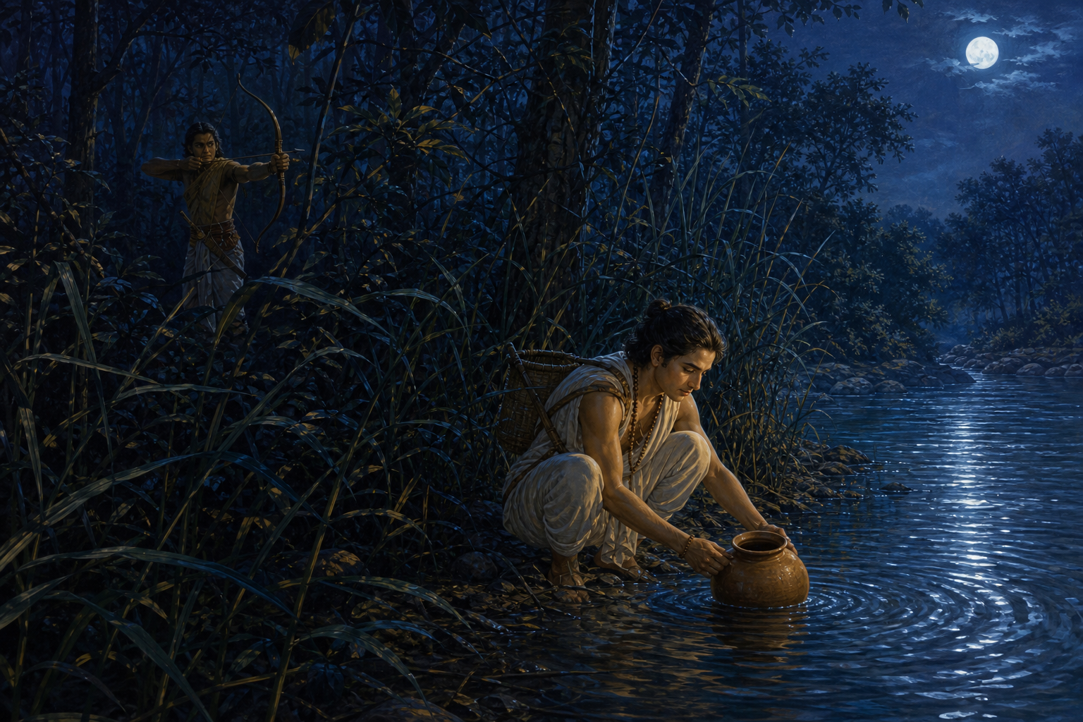 Shravana fills a clay vessel at a moonlit forest river while Daśaratha draws a bow from behind reeds without a clear view of him.